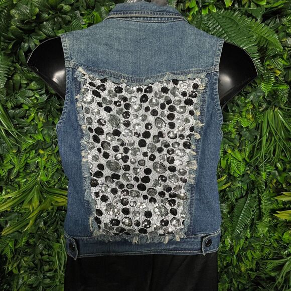 Women Vest Denim 1XL Blue‎ Sequins Accent Polka Dots Waist Coat BUZZ 1618 - Picture 7 of 7